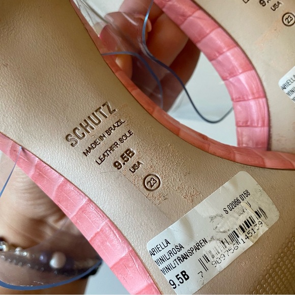 SCHUTZ Size 9.5 Ariella Pink Clear Vinyl Double Strap Slip-on Thin Stiletto Heel - Picture 6 of 6